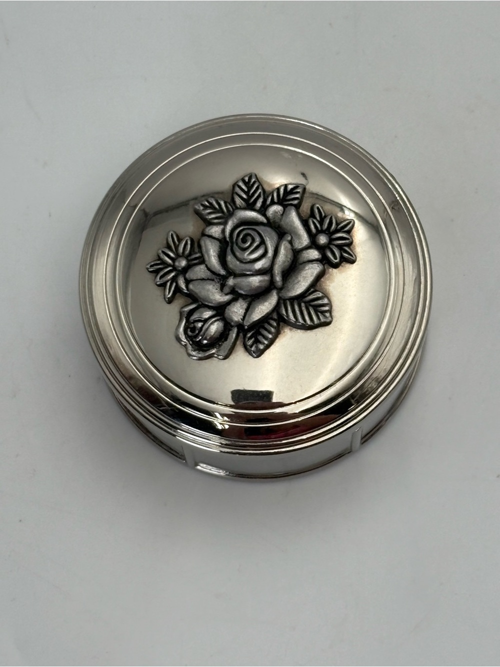Vintage Silver-Plated Floral Round Box - Silver Rose Accent - Picture 1 of 11